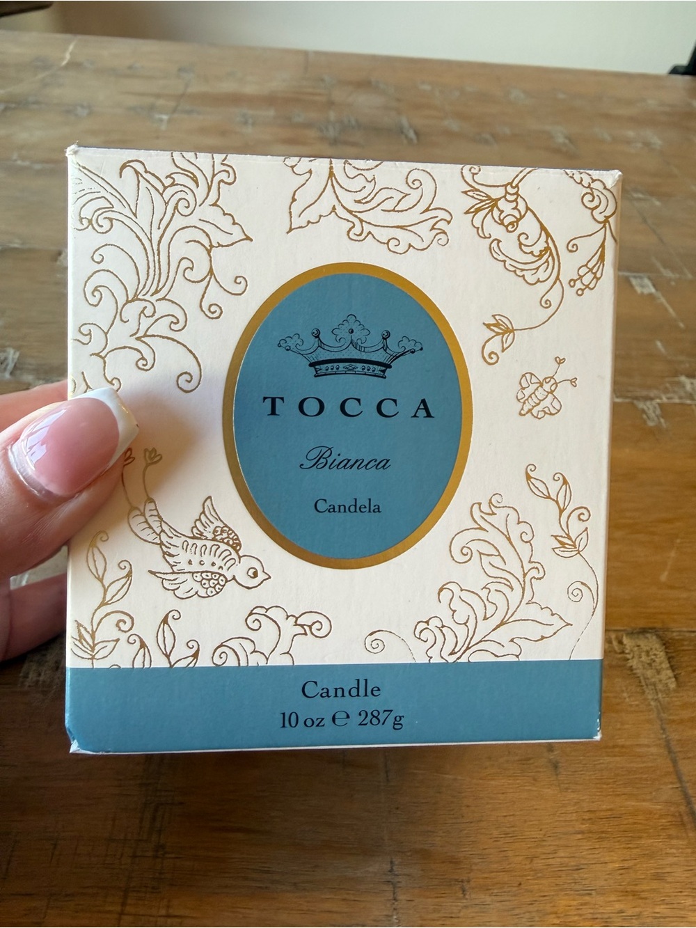 Tocca Bianca Decorative Candle in Blue and Cream Box